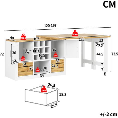 Table de salle à manger extensible avec buffet intégré, table multifonctionnelle à plateau pivotant 360°, table de cuisine escamotable avec grand rangement, meuble buffet pour salon, blanc (1/5)