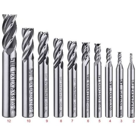 Lot de 10 forets à 4 cannelures - de 2 à 12 mm Fraise en Bout- Ensemble de forets à tige droite HSS CNC pour perceuse - Ensemble d'outils pour bois, aluminium, acier et titane (1/2)