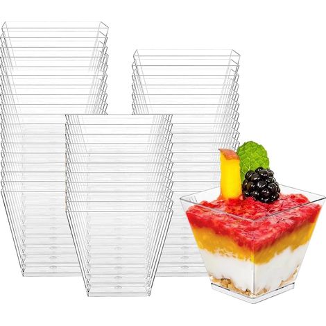 Lot de 100 Verres à Dessert, 60 ml, Matériau PS, Design Carré, Pour Fêtes et Mariages