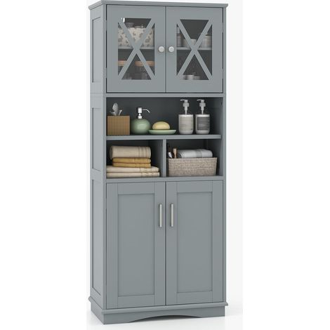 COSTWAY Mobile Bagno, Armadietto Salvaspazio con Porte in Acrilico, Ripiani Regolabili e Ampio Scomparto, Armadio da Terra in Legno per Soggiorno, Camera da Letto, Salotto e Cucina (Grigio)