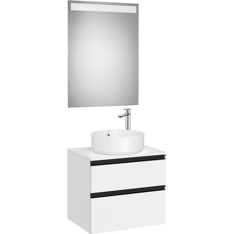 Pack meuble "The gap" 600 pour vasque à poser - 2 tiroirs + plan + miroir LED - blanc mat/poignées noires - Roca (1/2)