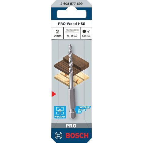 Bosch 1x Punta per legno PRO Legno HSS (per legno tenero, legno duro, Ø 2,00 mm, Accessori professionali per trapano/avvitatore)