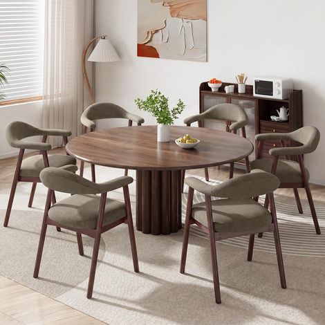 Lot de 6 chaises de Salle à Manger avec accoudoirs, Chaise rembourrée en Tissu Dossier incurvé et Pieds en Bois, Style Moderne des années 50 pour Cuisine et Salle à Manger, Camel (1/5)