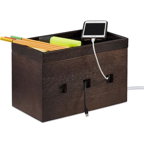 Relaxdays Kabelbox Bambus, Steckdosenleiste & Kabel verstecken, Kabelmanagement Schreibtisch, HBT 16,5x25,5x14cm, braun (1/5)