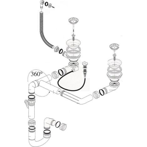 Cuisissimo – Vidage complet lavabo 2 bacs – Siphon gain de place – Trop plein rond – Bondes évier 114 mm, trou évier 90 mm (1/2)