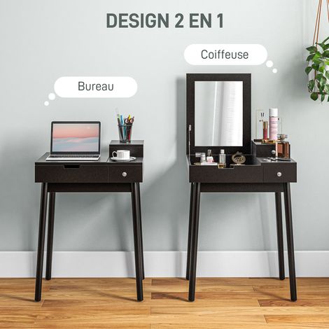 Coiffeuse miroir pliable 2 tiroirs 60x50x85,5 cm noir