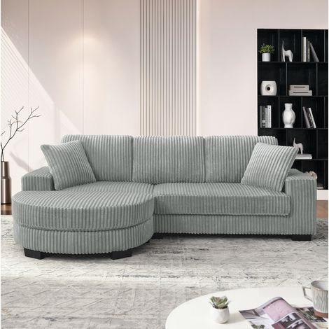 Sofá esquinero en L 256,5x133,5x89 cm gris de pana con otomana ovalada reversible y 2 cojines (1/5)