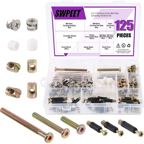 125 PCS 3 - in - 1 Furniture Basket Hardware Screw Fitting Kit, Cam Accessories with Studs 3 - in - 1 Hardware Connector Furniture Side Connection Pre Insert Nut Eccentric Screw (1/5)