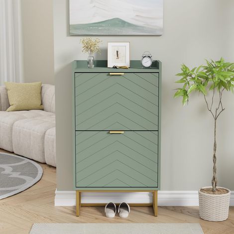 UEV Armoire à Chaussures avec 2 Abattants, Meuble à Chaussures Inclinable, Plafond avec Clôture, Étagère Réglable à 2 Positions, Étagères Amovibles, Motif en Ligne, 50 x 24 x 91 cm, Vert (1/5)