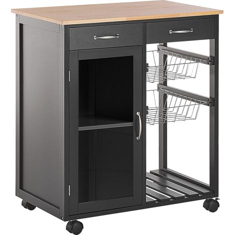 Carrito de cocina de madera de pino negro ruedas 2 estantes 1 armario 2 cajones moderno sala de estar Boves