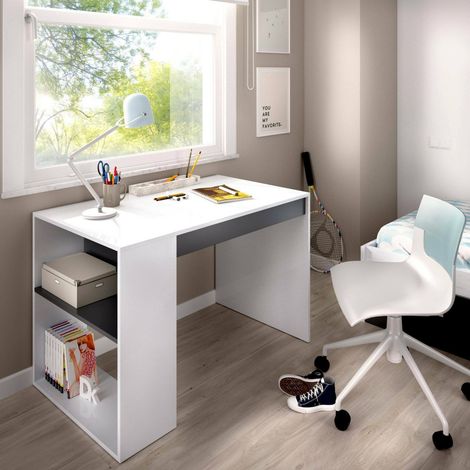 Dmora - Escritorio Grigna, Escritorio polivalente para despacho o dormitorio, Mesa de estudio Lineal con baldas, 115x50h74 cm, Blanco y Antracita (1/5)