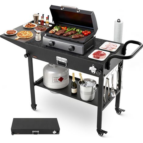 VEVOR Carro de Barbacoa Plegable 787 x 432 mm, Mesa de Barbacoa para Exteriores con Ruedas y Estante, Carrito con Soporte para Pañuelos y Ganchos, Mesa Auxiliar para Jardín, Picnic, Cocina, Patio