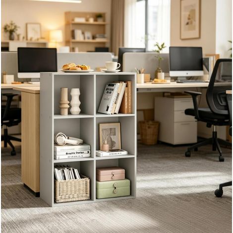Libreria a cubi 59.6x29x89 cm grigio in legno ingegnerizzato con 6 vani e fissaggio antiribaltamento (1/4)