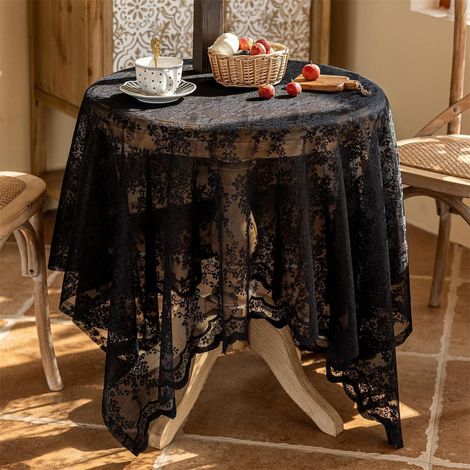 Nappe ronde 140cm Noir Vintage brodée florale pour mariage fête banquet