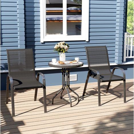 3-teiliges Bistro-Set aus Metall und Glas in Schwarz, mit 2 stapelbaren Stühlen und rundem Tisch, für Balkon und Terrasse