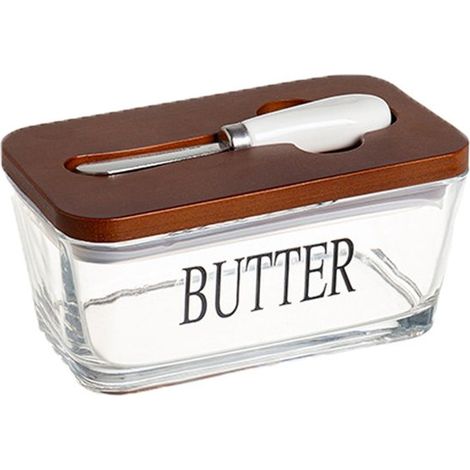 Mantequera, Caja de cristal para mantequilla, Con tapa de bambú y espátula, Caja rectangular para queso, Transparente, de madera, 600 ml (1/5)