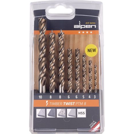 Juego  de brocas  espirales para  madera TIMBER  TWIST de  8 piezas.1x  D.3,4,5,10  mm,2x D.6,8mm  ALPEN