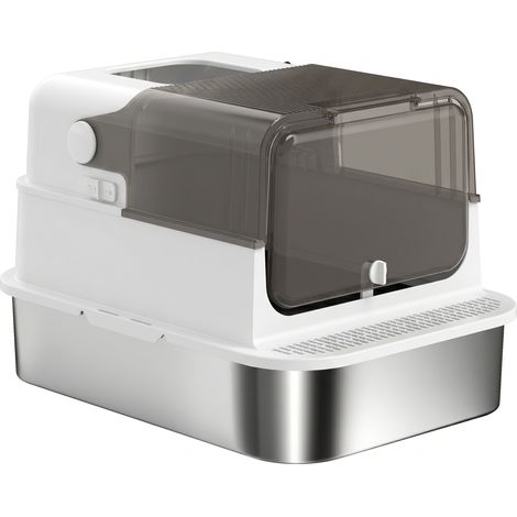 PawHut Lettiera Gatto Chiusa in Acciaio Inox con Coperchio, Paletta, Bianco (1/5)