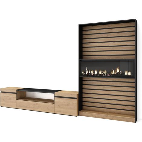 Skraut Home – Ensemble meuble TV moderne avec cheminée électrique – Dimensions 310x35x186cm – Pour TV jusqu'à 80" – Chêne et noir (1/5)