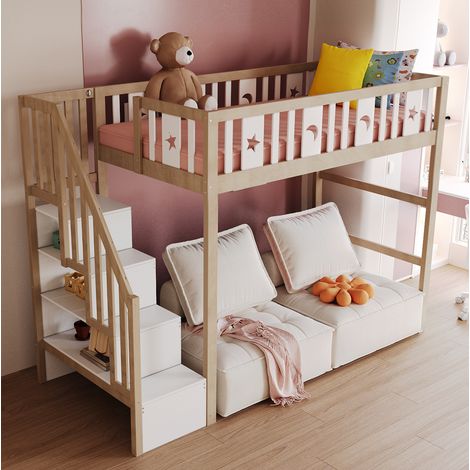 Letto a soppalco per bambini in legno massello naturale/bianco 90x200 cm con scala contenitore, testiera con stelle e luna