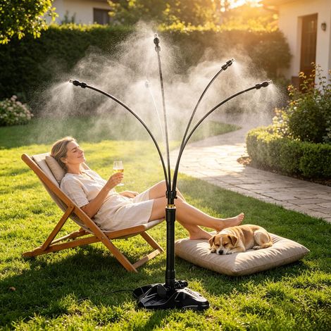 Brumisateur Terrasse, Réglable Brumisateur Exterieur sur Pied 4 Buses, Flexibles Trepied Hauteur Reglable Stable Portable Installation Rafraichissement par Eau pour Terrasse Jardin Fete (1/5)
