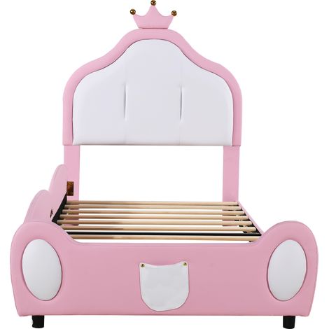 CAIziLit rembourré pour enfant 90200 cm, tête de lit avec moulure couronne, design à barreaux enfantin à la tête et au pied du lit, patchwork bicolore, similicuir, rose (1/5)