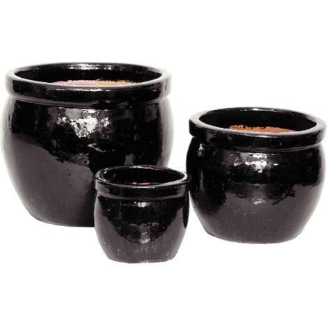 Macetas Delta esmaltadas en negro brillante, diámetro 28 cm x 24 cm