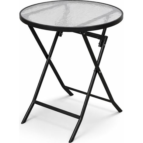 Tavolino Pieghevole Rotondo con Struttura Nera Tavolo Piano in Vetro 60x60x71cm