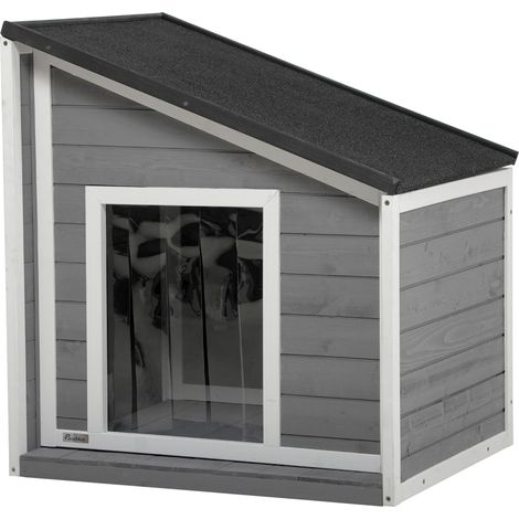 Niche pour chien en bois massif, résistante aux intempéries, toit en asphalte, 71 cm x 58 cm x 77 cm, gris et blanc