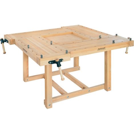 Établi de bois hêtre massif 1850x1850x840 mm – Charge élevée pour 4 personnes – Presses verticales pour maintien précis – Ramia