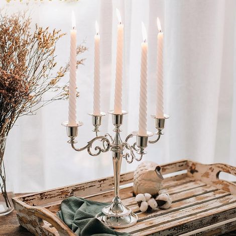 Candélabres argentés à 5 bras hauteur pour bougies coniques mariages anniversaires centres de table et décorations Noël 27 cm (1/3)