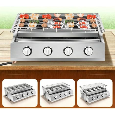 Barbecue à gaz, réchaud à gaz de camping, barbecue portable, détachable, avec grille en acier inoxydable, doté de 4 brûleurs indépendants. (1/5)