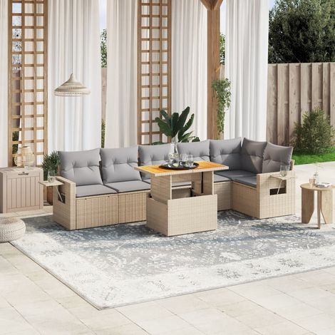 vidaXL 7-tlg. Garten-Sofagarnitur mit Kissen Beige Poly Rattan (1/3)