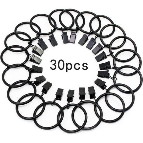 30 Pièces Anneaux de Rideaux, avec Métal Pince, Robuste, Antirouille, pour Tringle à Rideaux, 32mm Diamètre Intérieur (Noir) (1/4)