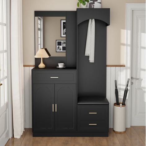 Armario recibidor 110x33x185.5 cm negro en MDF con espejo, banco zapatero y perchero oculto (1/5)