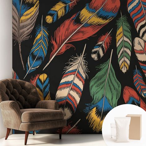 Tapete Vliestapete mit Kleber- abwaschbar - Raumgestaltung Schlafzimmer Wohnzimmer Tapete Bunte Federn 250x250 cm (1/5)