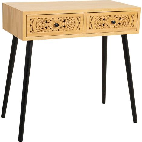 console en bois naturel contemporain deux tiroirs sculptés - bois naturel sculpté et noir mat (1/5)