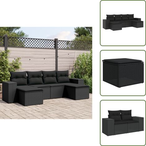 Rattan - vidaXL Set Divano da Giardino 6 pz con Cuscini Nero in Polyrattan - Poltrona con bracciolo