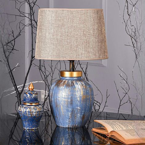 Lampe à poser moderne bleu & or, abat-jour en tissu KARS (1/4)