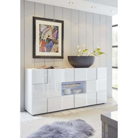 Azura Home Design – Buffet DAMIA 181 cm – 2 portes – 2 tiroirs – Mélaminé blanc haute brillance – Dimensions 181/84/43 cm (1/2)