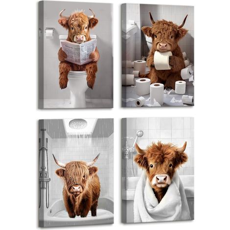4pcs Cadre en Bois Impression sur Toile Vache des Highlands Tableau Affiche Decoration Murale Baignoire Amusante Vache Animaux Peinture Tableau Decoration Murale Salle de Bain Toilettes WC 30x40 cm x4 (1/5)