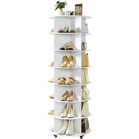 Étagère à Chaussures Rotative 360° Meuble Rangement 7 Niveaux 28 Paires avec Roulettes en Bois Plastique Blanc (1/5)