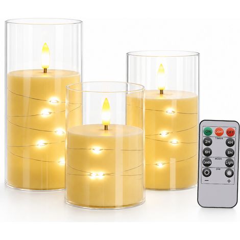 Jiubiaz Velas LED sin llama, set de 3 con mando a distancia y temporizador, acrílico transparente, Ø 7,5 cm, alturas 10/12,5/15 cm, guirnalda luminosa (1/5)
