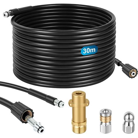 30M Kit Deboucheur Haute Pression, Kit de Tuyau de Nettoyage De Canalisation avec Buse Nettoyeur Haute Pression à Jet, Rotative et Adaptateurs, Compatible avec Karcher K2/K3/K4/K5/K6/K7 (1/5)