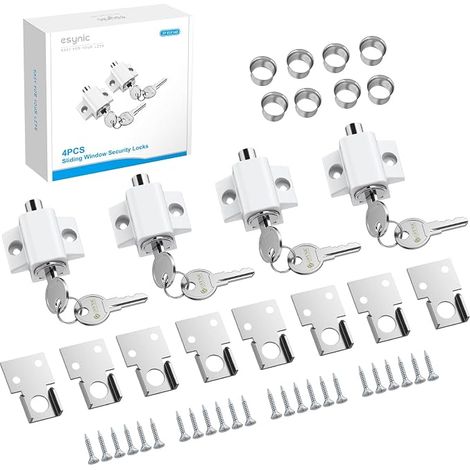 eSynic 4PCS Verrou Baie Vitrée Coulissante Verrou de Porte Coulissant avec Clés Vis Verrous de Fenêtre Porte pour Famille Bébé Animal Domestique pour Portes Fenêtres à Charnière ou Coulissante - Blanc (1/5)