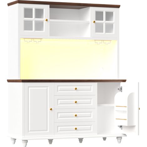 Credenza alta da cucina RGB LED con ripiani regolabili, portabicchieri in metallo, bianco (1/5)
