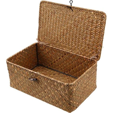Panier de rangement en rotin tressé avec couvercle – Dimensions 29x19x12cm – Matériau jonc de mer sur cadre métallique (1/5)