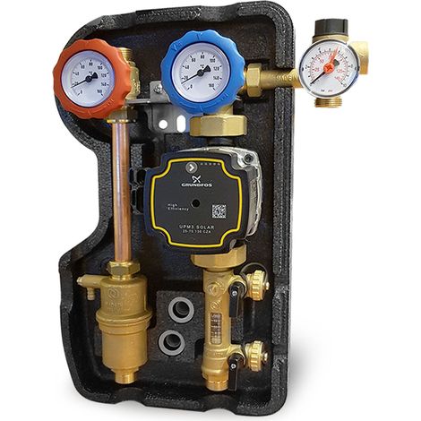Gruppo di circolazione a due vie con disaeratore, flussometro 2-12 l/min e circolatore Grundfos 25/75 + cavo PWM (1/3)