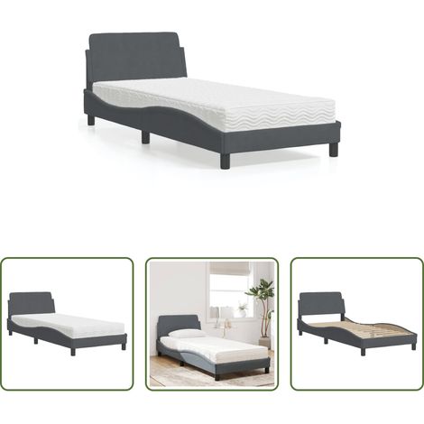 Matelas en mousse -  Lit avec matelas Dover gris foncé 90x200 cm velours (1/5)