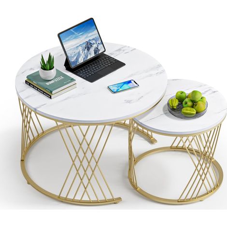 Lot de 2 Tables Basses Rondes - 70/45cm Blanc marbre Motif et piètement métal doré, Ensemble de Tables d'appoint Modernes pour Coin canapé, Balcon ou séjour (1/5)